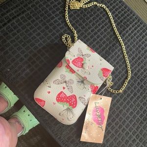 NWT Betsey Johnson White w/ Butterflies & Strawberries Phone Holder Crossbody